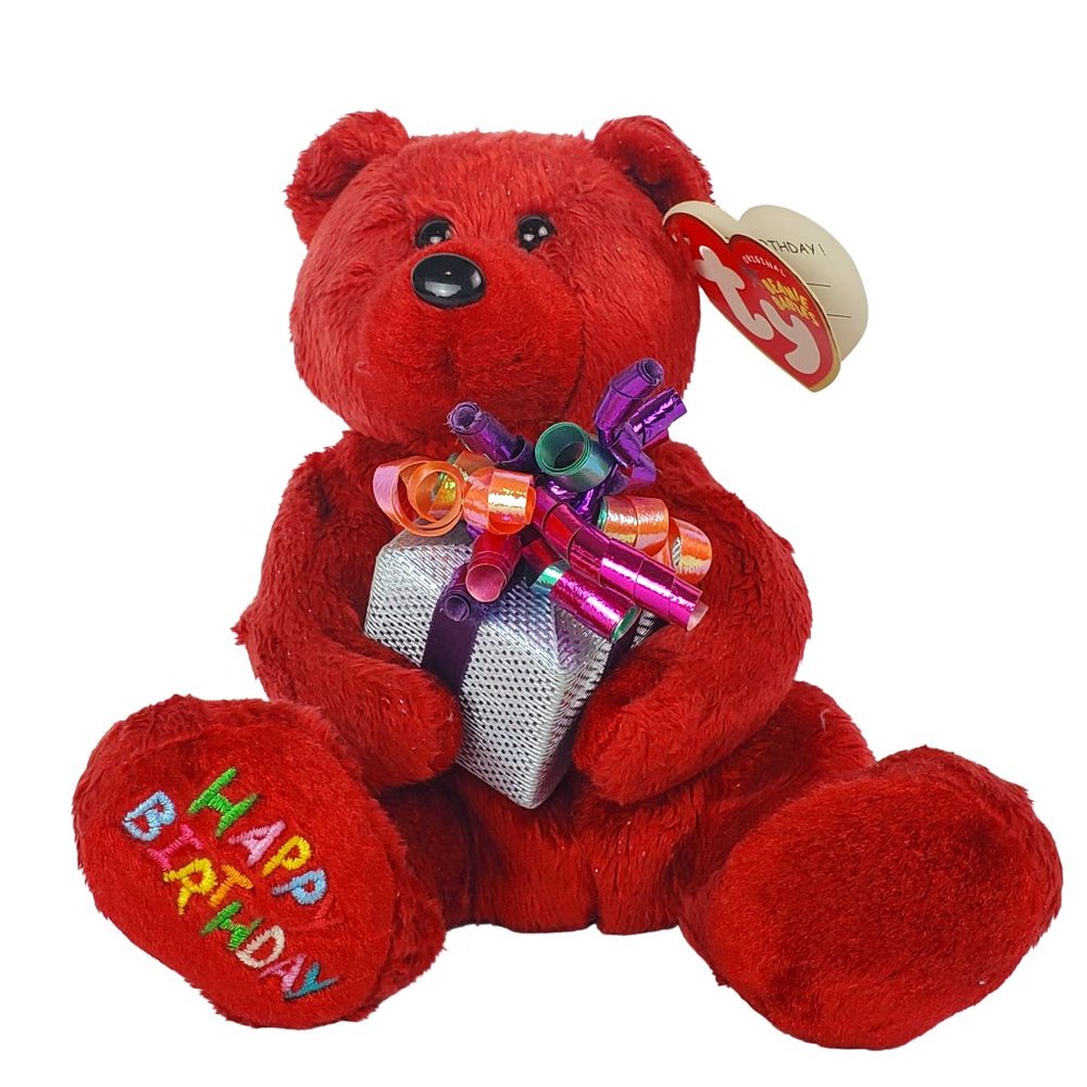 TY Retired NWT 2004 Happy Birthday Beanie Baby Red Bear with Present Tagged